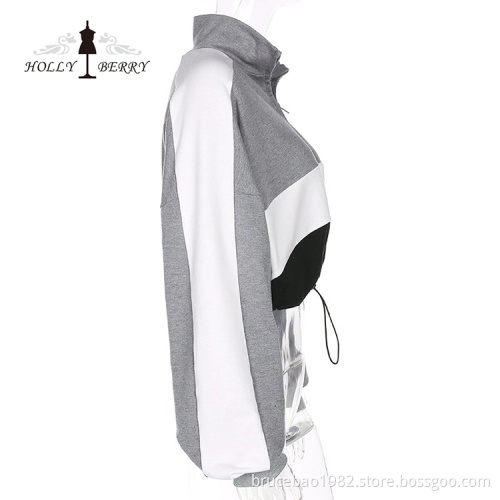 Short Turn-down Collar Cotton Full Midriff-baring Women Hooded Sweatshirt Zipper